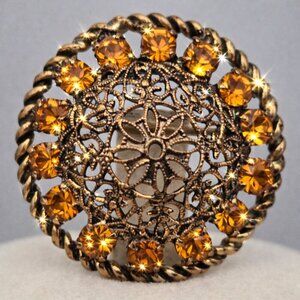 Vintage Czech Art Deco Style Yellow Glass Stone Filigree Brooch Gold Tone